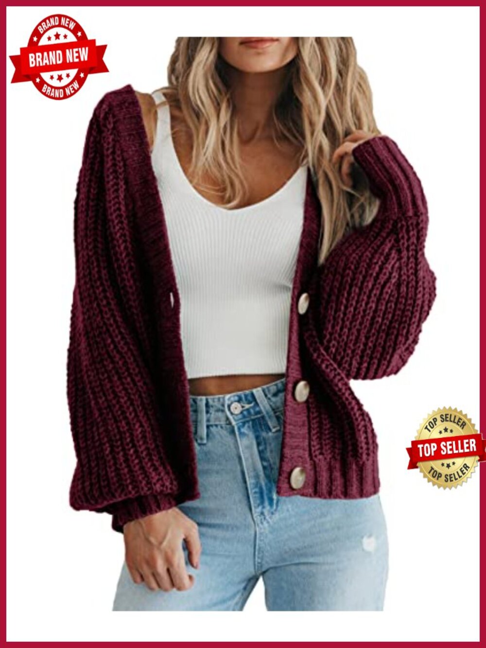 Chunky Knit Open Front Cardigan Long Sleeve V Neck Button Down Sweater
